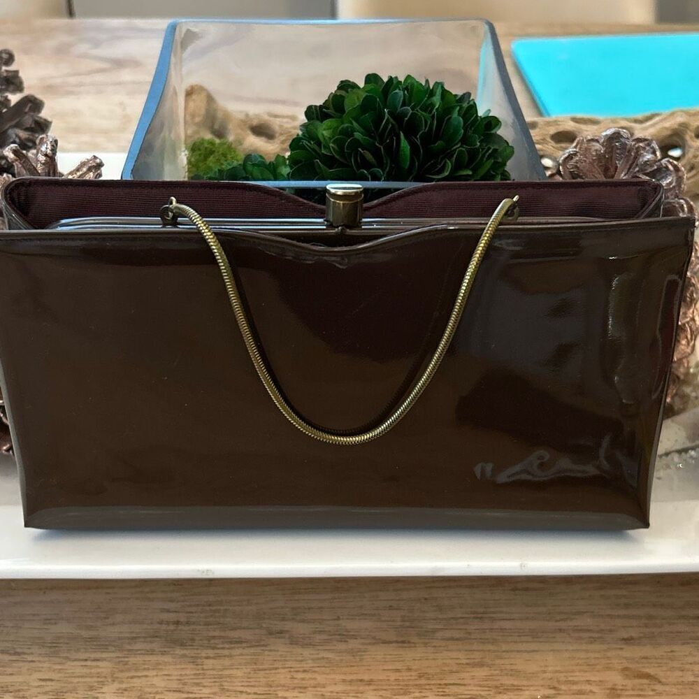 Vintage 50s 60s Franklin Simon New York patent leather brown handbag clutch